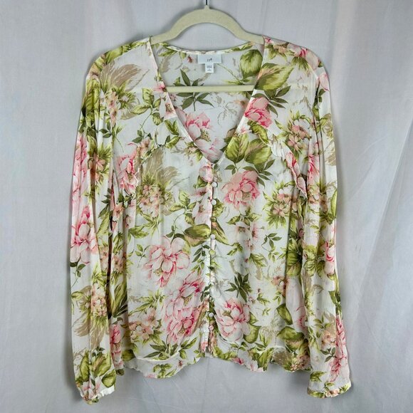 J Jill Floral Ruffle Trim Blouse Women Large Petite White Pink Green Cottagecore - Picture 6 of 11